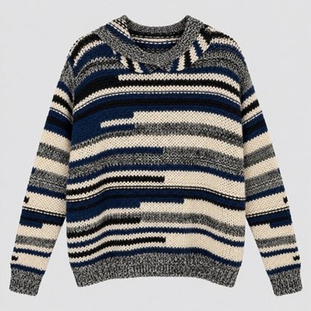 Elan Hooded Pullover Sweater Women Oversized Medium Blue Striped Boxy Beach Cozy
